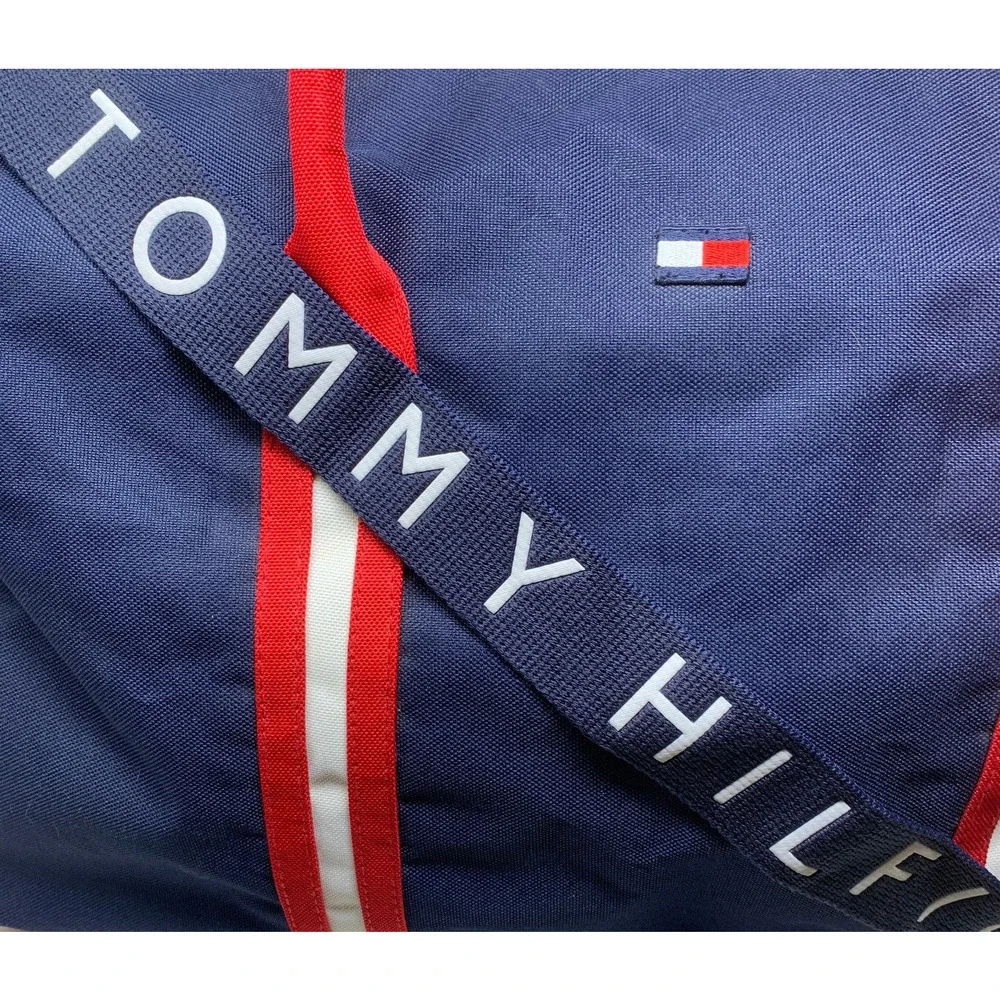 Vintage Tommy Hilfiger Navy Red Nylon Duffle Bag Spellout 90s Y2K Gym Weekender